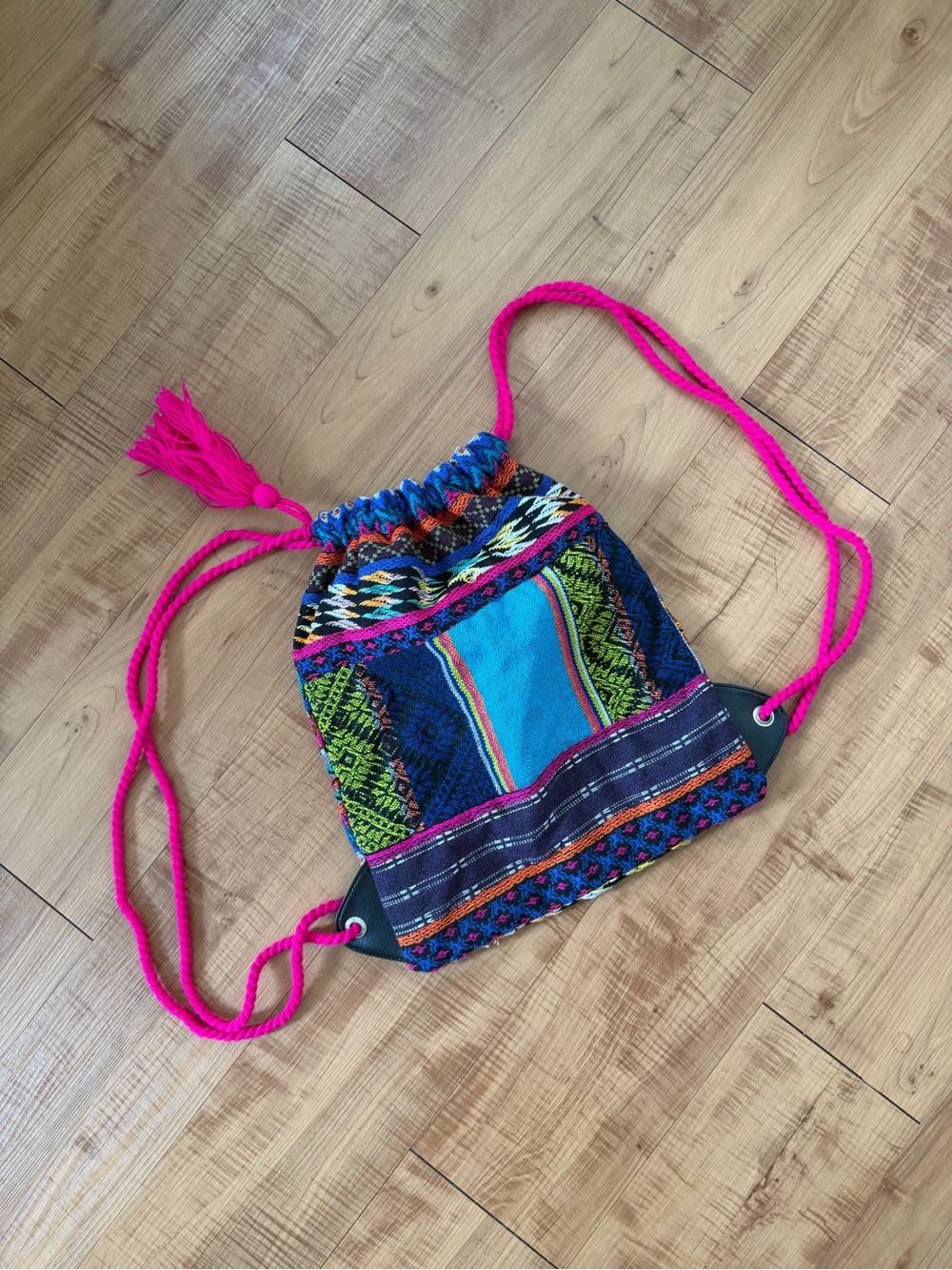Tribal Boho Drawstring Backpack with Hot Pink Cords